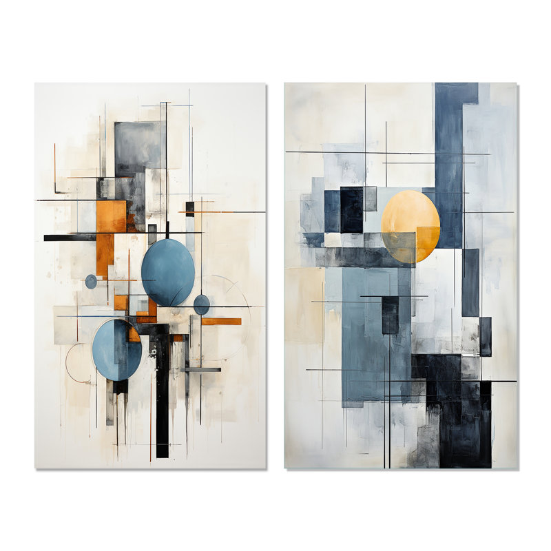 «Beige Blue Suprematism Harmonic Intersections», 2 pièces, H 40 po x l 40 po, Toile tendue