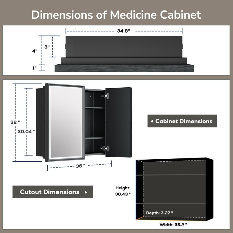 Lunara Recessed & Surface Framed 2 Door Medicine Cabinet with Mirror and Shelves, 32" H x 36" W x 5.2" D, Nickel