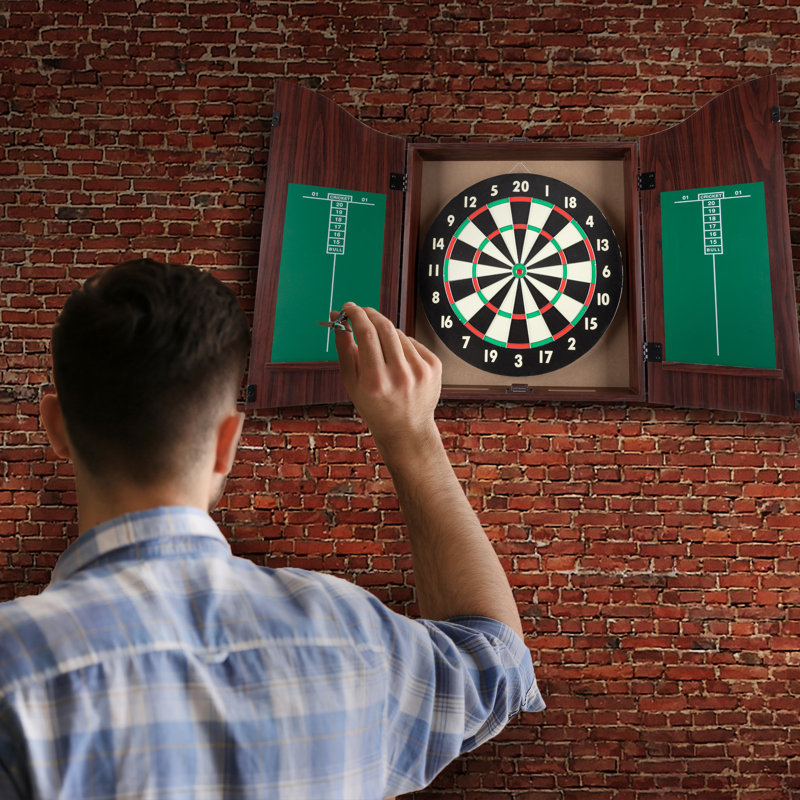 Walnut Finish Bristle Dartboard Cabinet Set with Steel-Tip Darts