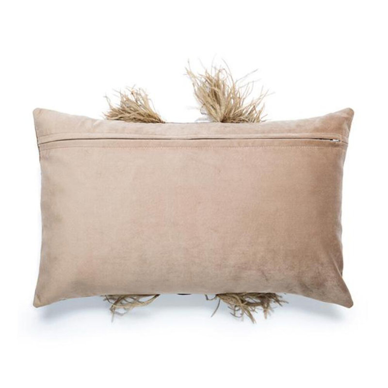 Velvet Lumbar Pillow w/ Feather Trim, Antique