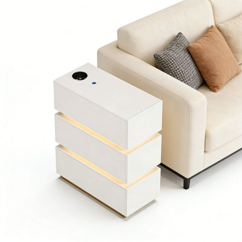 narrow 3-Drawer Smart Nightstand with LED  Light, White