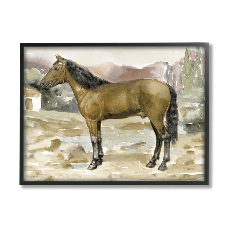 Scène de campagne champêtre brun - Peinture, H 11 po x l 14 po x P 1,5 po, Giclée encadrée noir minuit