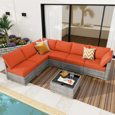 Ensemble de conversation pour 6 personnes, ensemble de conversation modulaire en rotin et osier avec coussins, ensemble de conversation pour canapé toutes saisons avec table basse pour jardin