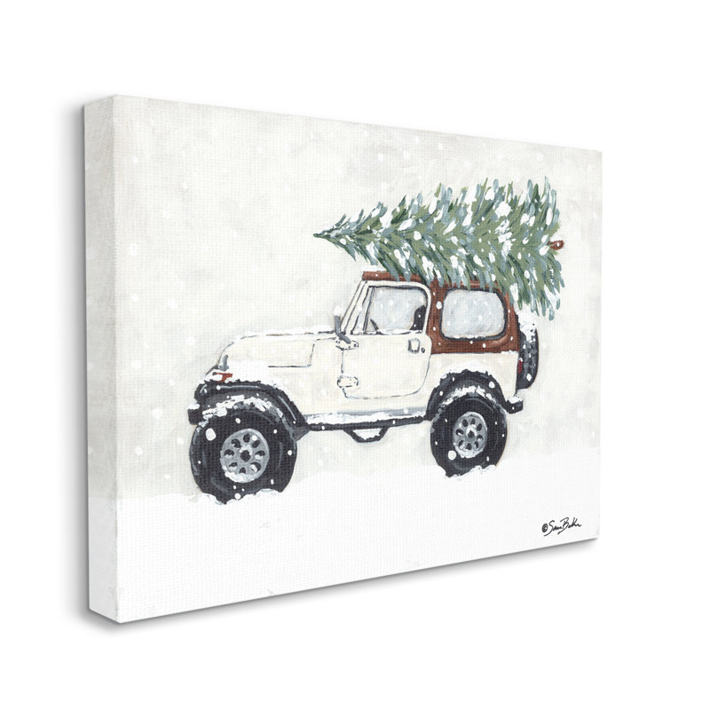 Camion blanc enneigé portant un arbre de Noël frais, estampe numérique encadrée noire par Sara Baker, Toile tendue