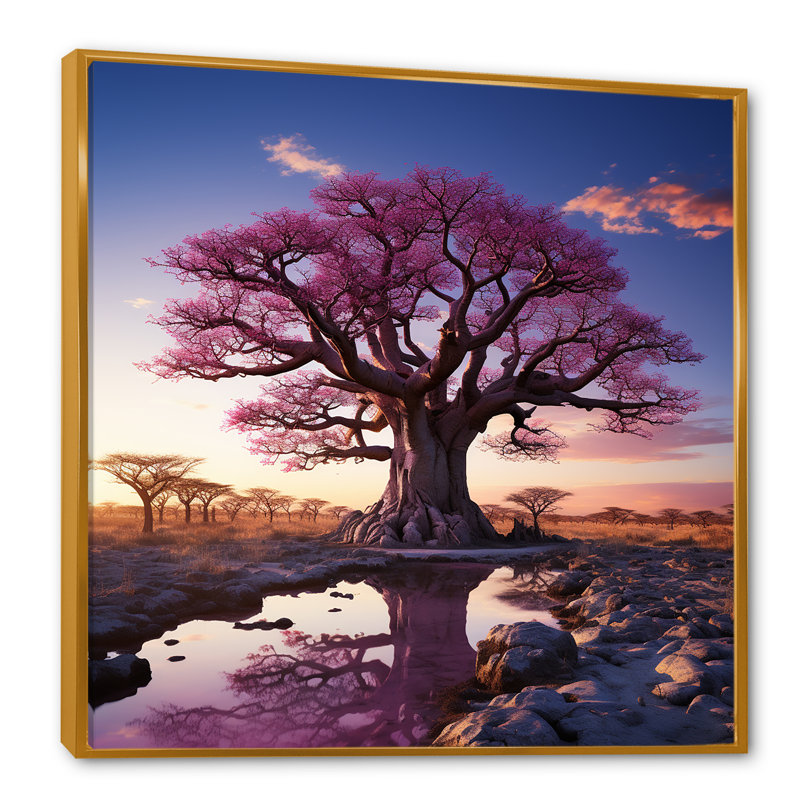 Baobab Trees Enchanted Hues I - Art mural Baobab, Cadre flottant doré, H 16 po x l 16 po x P 1 po