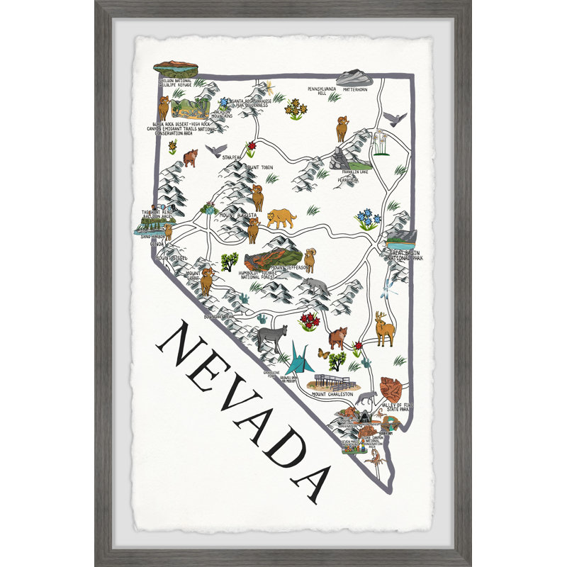 Nevada Sites Map - Reproduction d'art graphique sur papier encadré, H 24 po x l 16 po x P 1,5 po