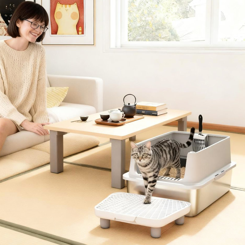 Bac à litière spacieux pour chat, acier inoxydable, conception facile à entretenir, pédale de filtre, gros chats, environnements multicolores, désordre, coussin,