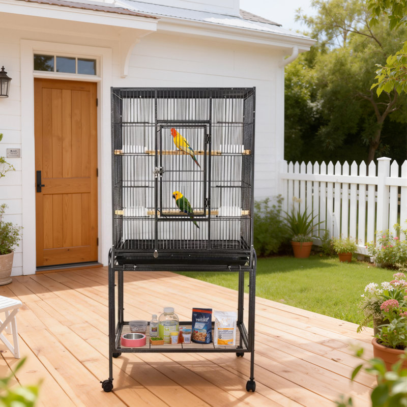 53 Inch Bird Flight Cage with Wheels, Wrought Iron Standing Parrot Cage, Black