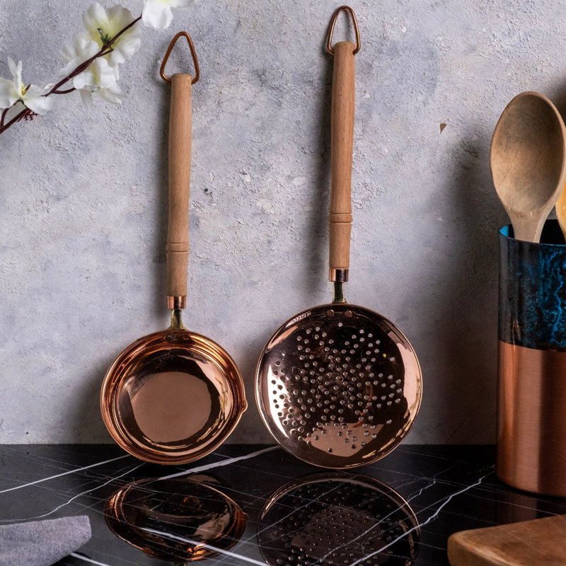 Ensemble d'écumoire et de louche perforée en cuivre massif avec poignée en bois, passoire de cuisine de qualité supérieure et ustensile de cuisine