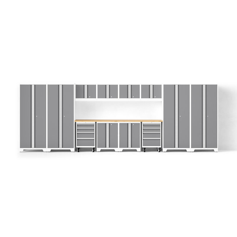 Bold XL Series Platinum 14 Piece Garage Cabinets Set With Tool, Base, Wall Cabinets, Bamboo Worktop And 30 In. Lockers