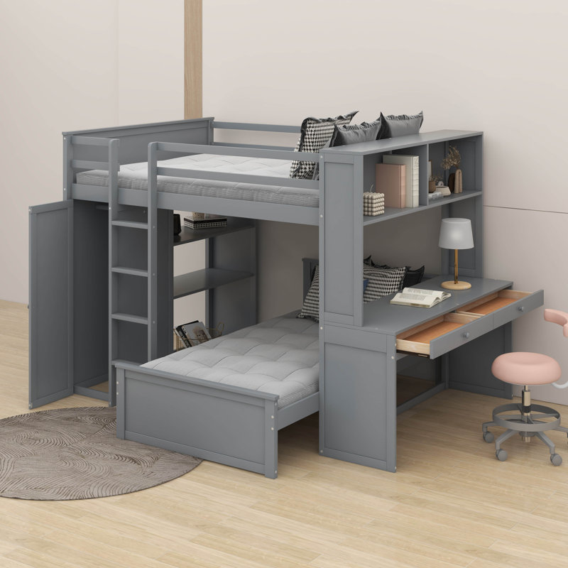 Lit mezzanine double avec lit autonome, bureau et garde-robe, Gris