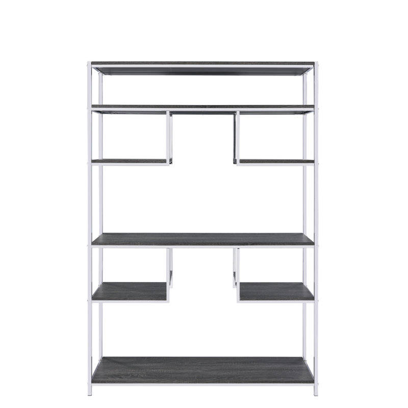 Rectangular Gray Oak Bookshelf With Modern Metal Structure Spacious Rustic Accents