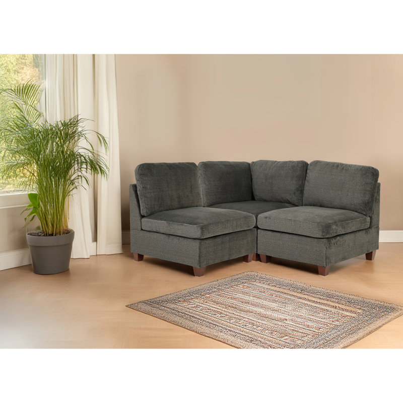 Gray Modular 3pc Sectional , Chenille Fabric With Pillow Back & Armless Style And Chairs Configuration