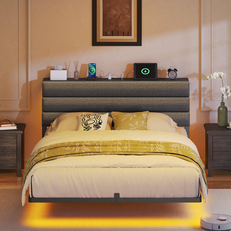 Queen Bed Frame with  LED Lights and Charging Station, Queen