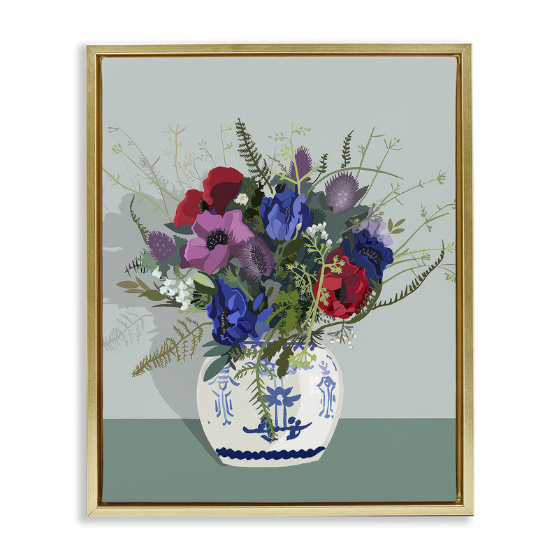 «Ginger Jar & Anemones» par Betty Boynes, H 21 po x l 17 po, Cadre flottant métallique doré