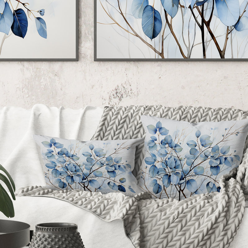 Blue And Grey Leave On Branch III - Leaves Printed Throw Pillow, 16" x 16"