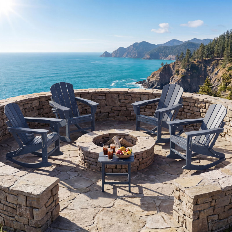 Folding Adirondack Rocking Chair with Retractable Ottoman - 4-in-1 All-Weather HDPE Outdoor Chair with Cup Holder for Patio, Deck & Fire Pit, Navy