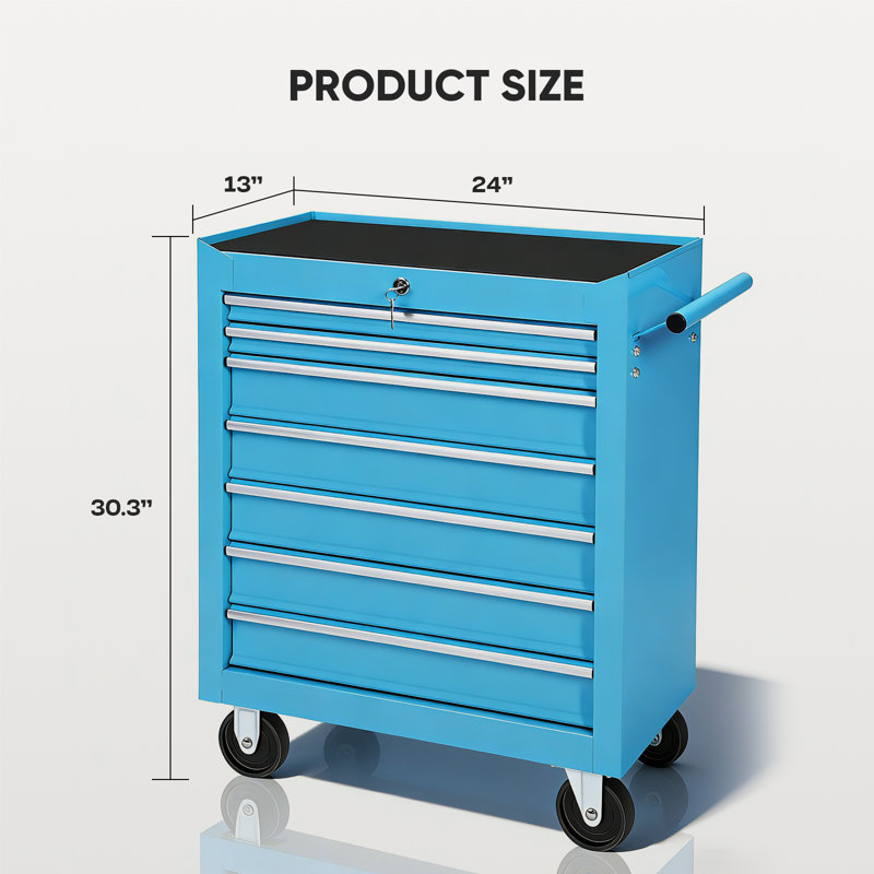 7-Drawer Rolling Tool Chest With Lock, Tool Cart Storage Cabinet Organizer With Wheels and Handle, Blue
