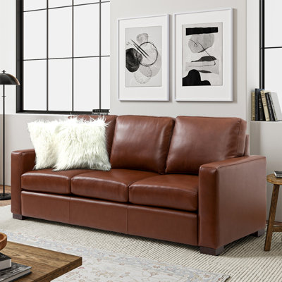Fournier 83.46'' Genuine Leather Square Arm Sofa with Pillows