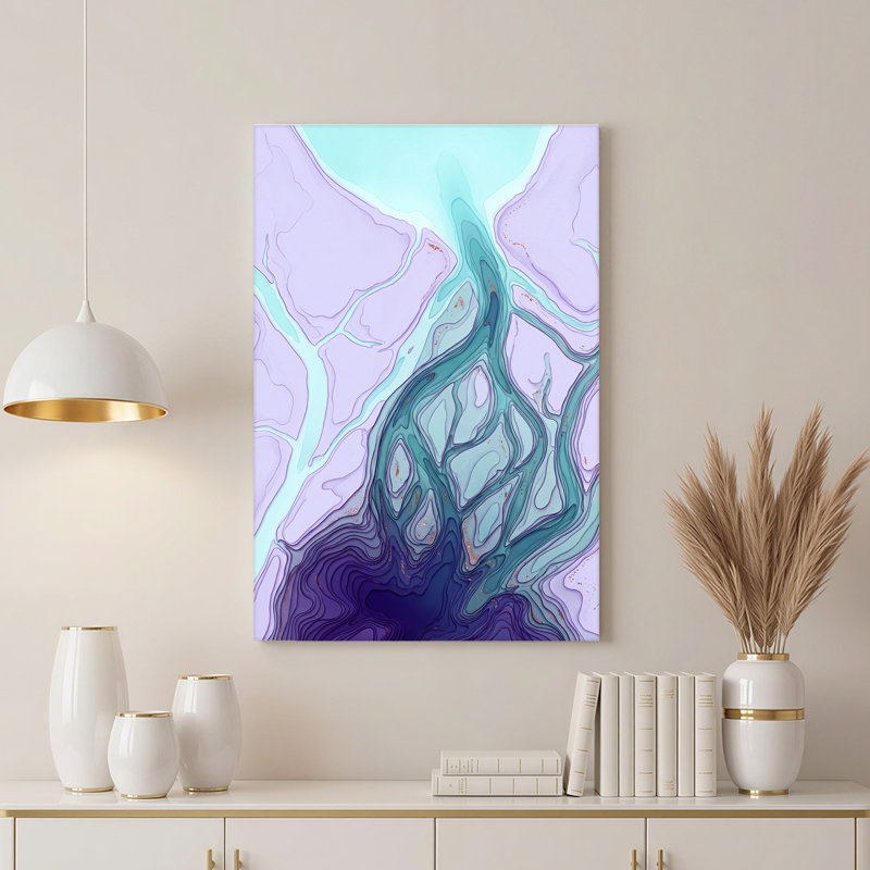 Purple and Teal Abstract Fluid Art With Gold Flecks Canvas Wall Art, 30"H x 20"W