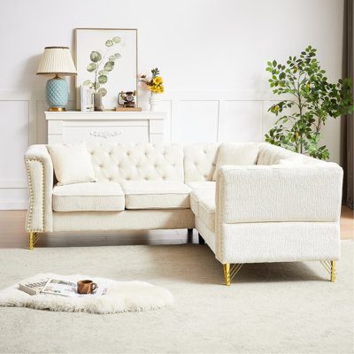 5 Chenille Corner , L-shaped Sectional For Living Room. Solid Wood Frame, Classic Design, Comfortable Foam Cushions & Buttons Seating