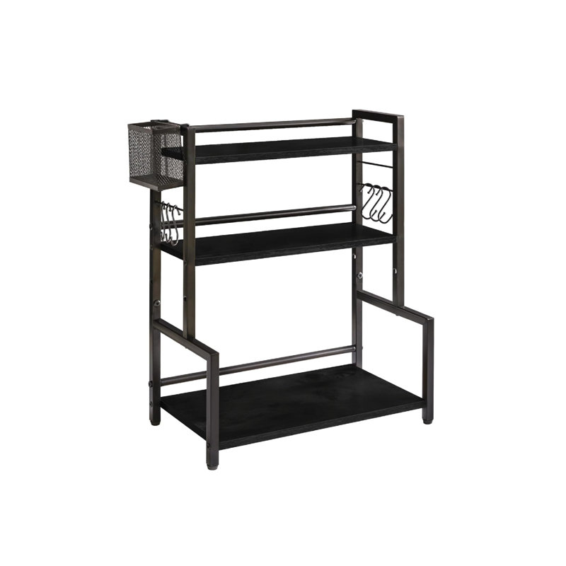 Grey Kitchen Spice Rack with Wire Basket, Countertop Shelf for Cabinet, Desktop Organiser with 6 Hooks, Black