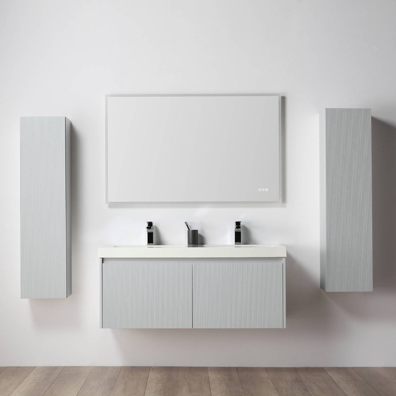 Nekishia 48'' Wall-Mounted Double Bathroom Vanity with Acrylic Sinks and 2 Side Cabinets – Fluted Front, Soft-Close Drawers