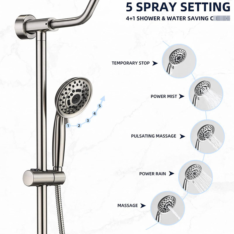 Ensemble de douche de salle de bain avec 5 réglages de main et d'angle réglables, robinet en nickel brossé, caractéristique
