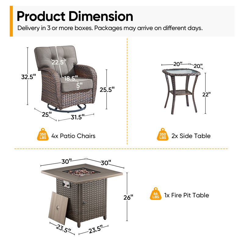 Ensemble de conversation d'extérieur rotatif en rotin avec coussins et table de foyer d'extérieur 7 pièces Teebeck, Gris