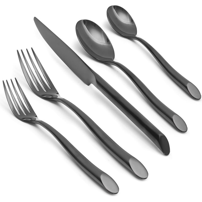 Ensemble de couverts noir mat, 20 couverts en acier inoxydable forgé avec poignée en forme de vague, va au lave-vaisselle