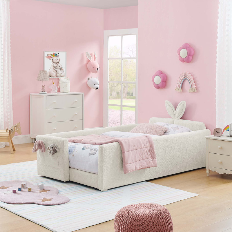 Upholstered Platform Bed With Cute Rabbit Ear Shaped Headboard, Safety Rail, And Storage Pocket, Boucle Fabric, Beige