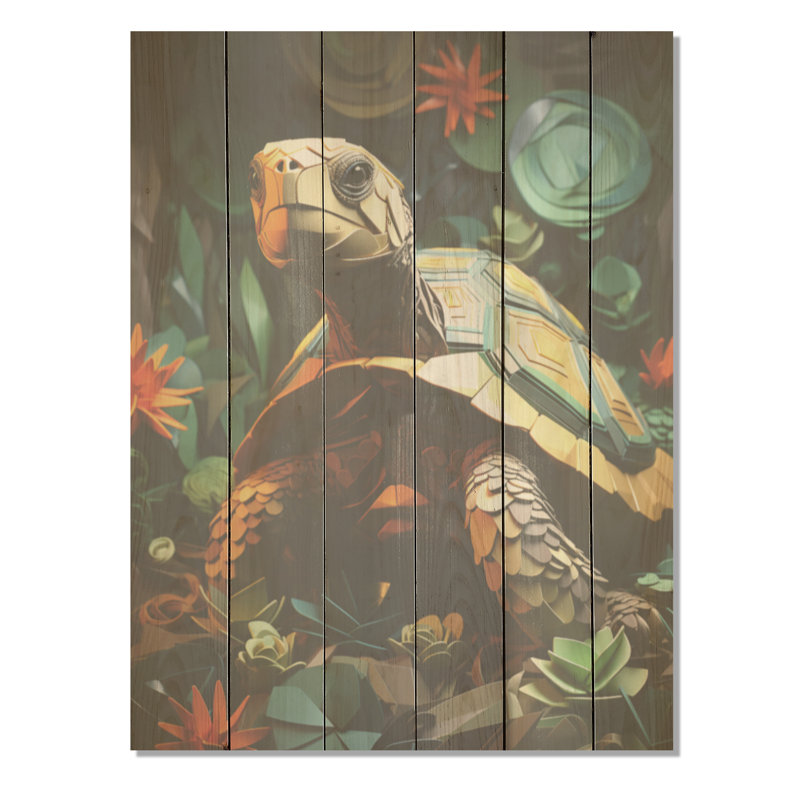 «Cubist Reptile - Tortue», art mural sur bois de pin naturel, H 32 po x l 24 po