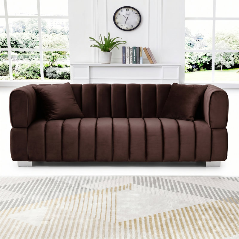 Luna, Channel-Tufted Modern Velvet Sofa, Brown