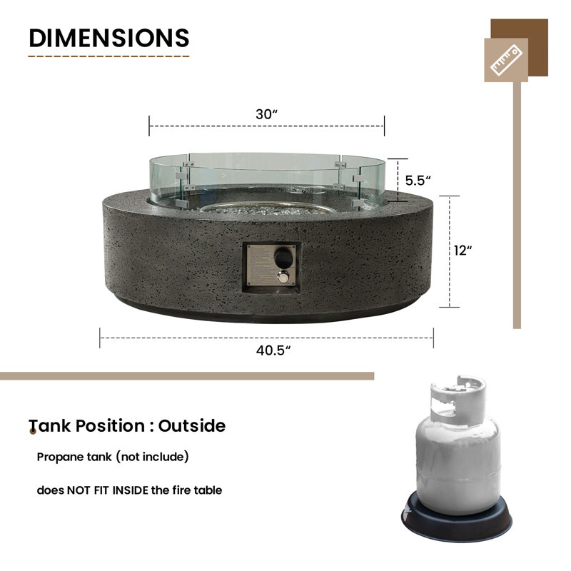 Table de foyer d'extérieur au propane en béton pour l'extérieur, Gris