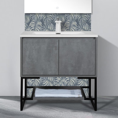 Meuble-lavabo mural 36 po 2-en-1 avec surface intégrée et lavabo, tablette ouverte, armoire de rangement 36 po 2-en-1