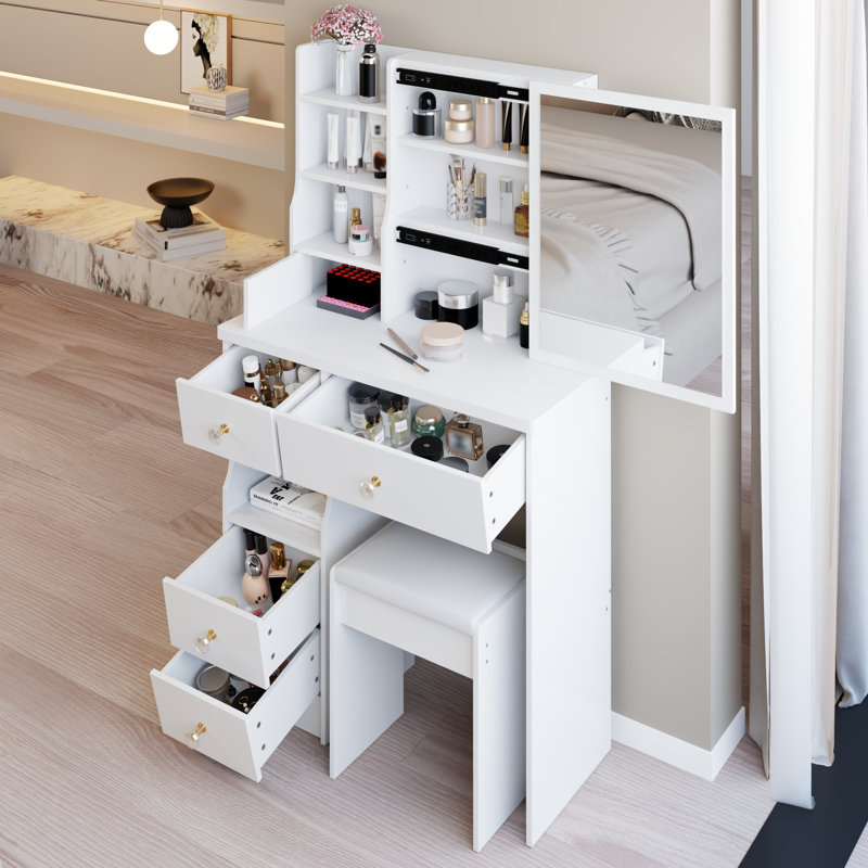 American Style 50.4" Tall White Vanity Table With Left Drawer, Right Sliding Mirror, Multi - Layer Storage And Cushioned Stool For Small Spaces 29.2" Long Design Bedrooms