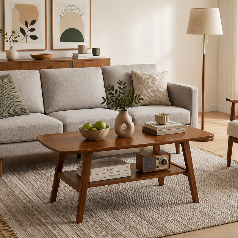 Table basse moderne Mid-Century, table basse en bois de chêne massif à 100% avec tablette de rangement, table basse à 2 niveaux avec coins arrondis pour le salon, le bureau, l’appartement (couleur chêne noyer, L 39,37 po)