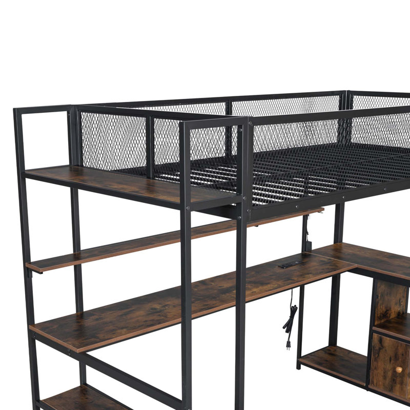 Lit mezzanine simple en métal avec poste de travail intégré, DEL et rangement multiple, Noir