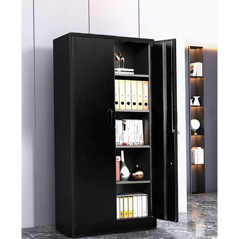 Armoire de rangement en métal robuste avec portes verrouillables et 4 tablettes réglables pour le garage, le bureau ou l'entrepôt.