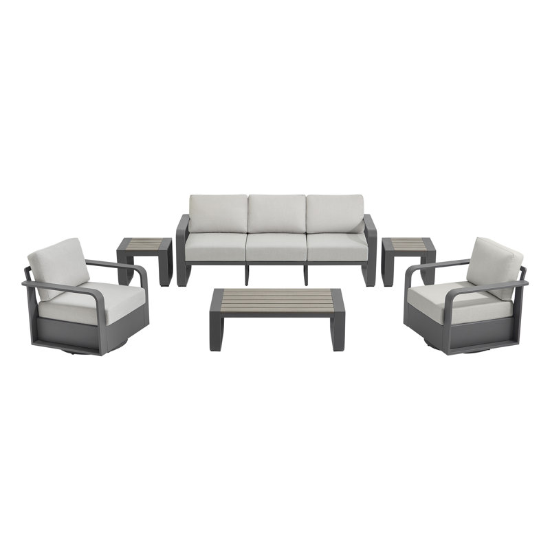 Ensemble de conversation de patio pour 5 personnes avec coussins, 6 Pcs: 2 Chairs, Coffee Table, 2 End Tables, Sofa, Black