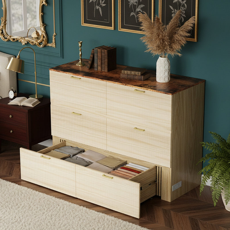 Grand lit escamotable en bois avec station de charge, tiroirs de rangement, pour petits espaces, en beige, Grand lit