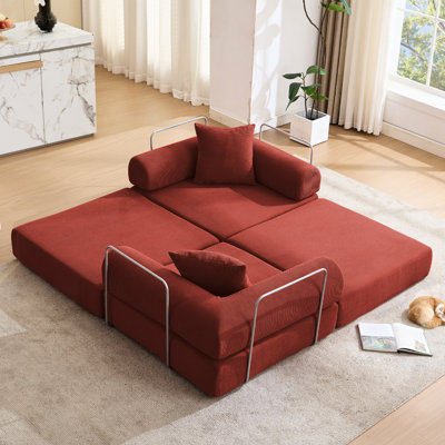 Lit modulaire convertible pour petits espaces, quatre canapés mobiles, revêtement en velours côtelé, cadre fixe et lit rouge amovible et non assemblé
