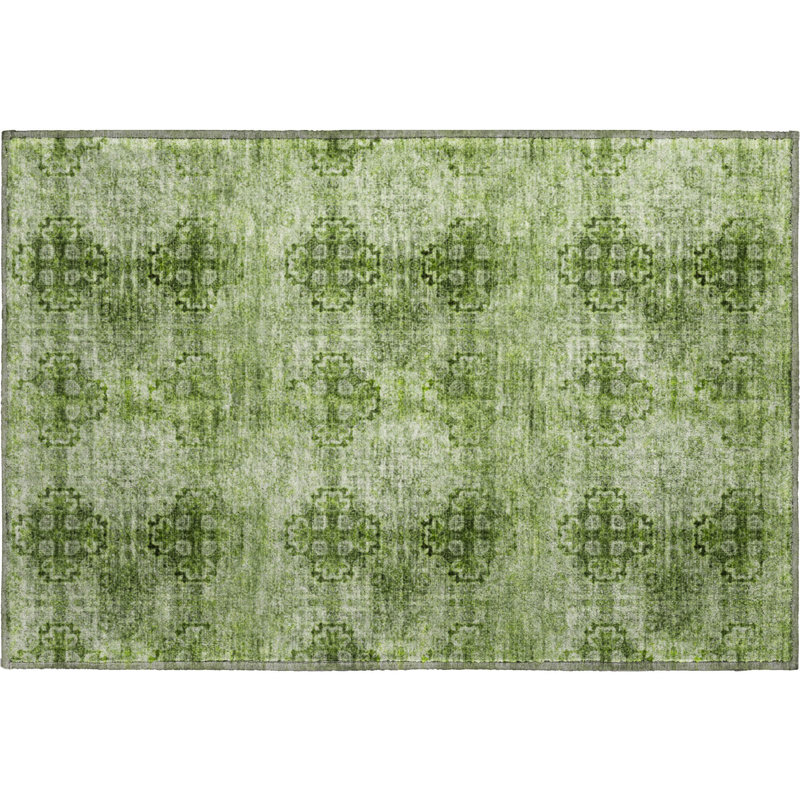 Premium Machine Washable Cerrito AMF557 Olive Rug, Rectangle 1'8" x 2'6"