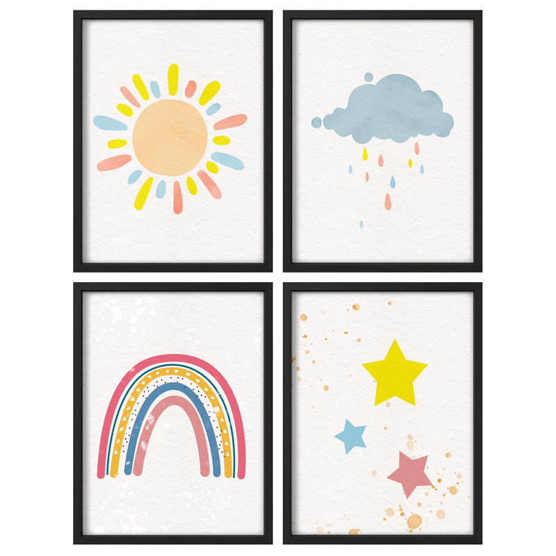 Enfants, soleil, arc-en-ciel, nuages et étoiles, nature abstraite, illustrations, décor moderne, Or, H 14 po x l 11 po