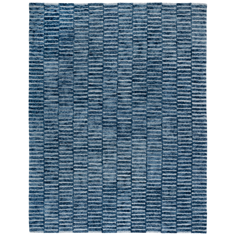 Madelline Ebony Hand Tufted Wool Cotton Striped Rug in Navy/Light Blue, Rectangle 8' x 10'