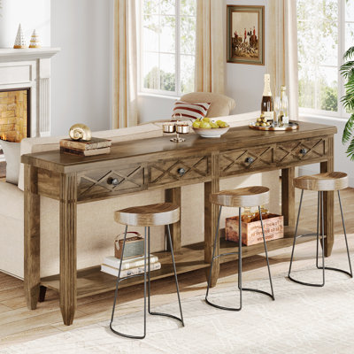 71-Inch 4-Drawer Extra Long Console Table, Farmhouse Sofa Tables with Bottom Storage Partition,