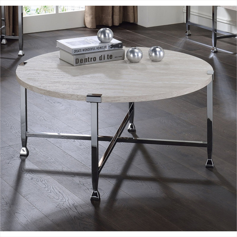 Table basse avec plateau rond blanc pur et structure en métal chromé, conception ouverte de 36 pouces