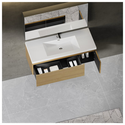 Meuble-lavabo suspendu de 122 cm avec lavabo intégré, armoire de rangement murale en chêne naturel et blanc cassé, tiroir à fermeture amortie, lavabo en surface solide brillante