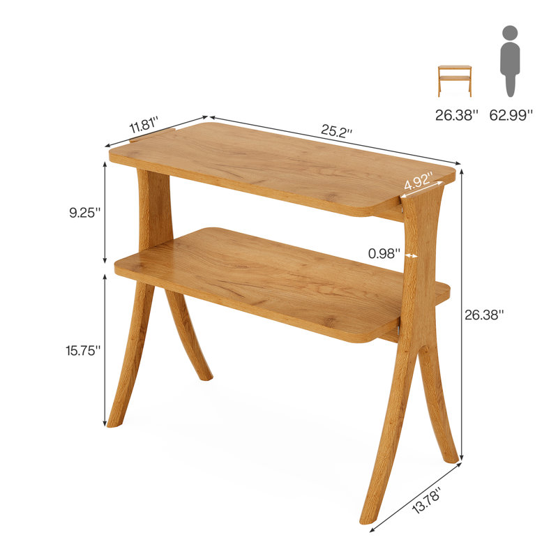 Table d'appoint de 24,6 po avec 2 tablettes de rangement à 2 niveaux et pieds en bois massif (2 PCS), Brun chaud, 2