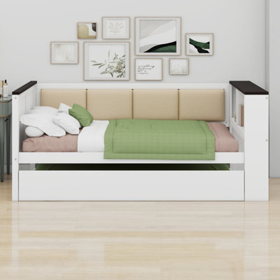 Wood Daybed With Storage Shelves, Upholstered Backrest,USB And Trundle